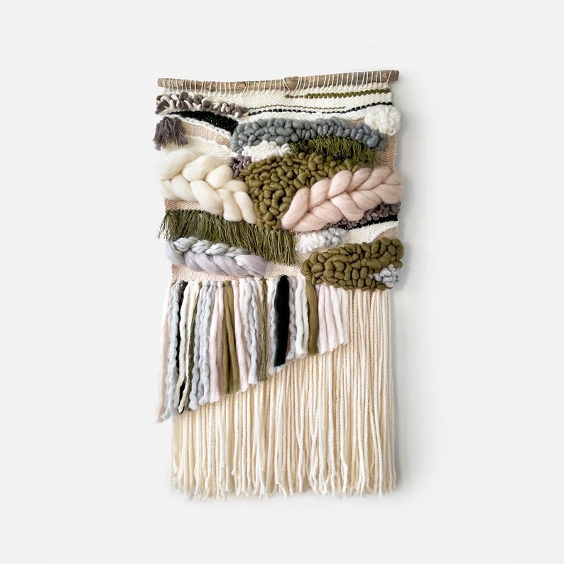 Modern woven tapestry: Neutral and green woven wall hanging ideal as above bed or couch decor for rustic living room or warm bedroom image 1