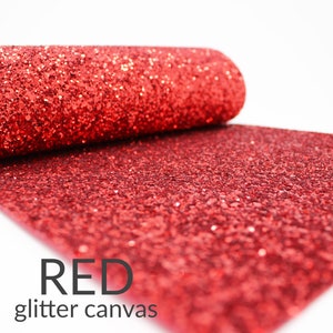 May include: A roll of red glitter canvas with a sparkling texture. The canvas is unrolled, revealing a flat surface covered in red glitter. The text "RED glitter canvas" is displayed on the image.
