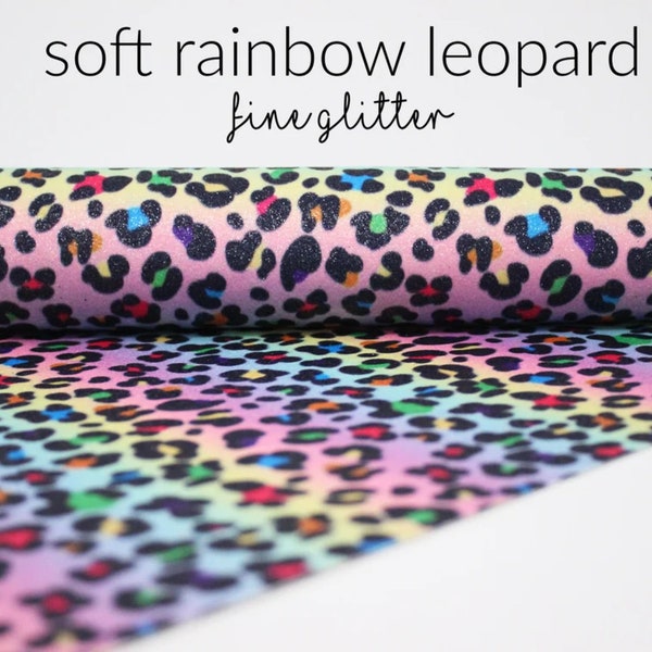 Soft Rainbow Leopard Print Fine Glitter Canvas | 90's Inspired Neon Leopard Fabric | Pastel Rainbow Leopard Glitter | Soft Rainbow Leopard