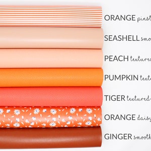 May include: A stack of colorful rolls of fabric in shades of orange, peach, and brown. The rolls include pinstripe, smooth, textured, and daisy patterns. The text on the right identifies each color and pattern.