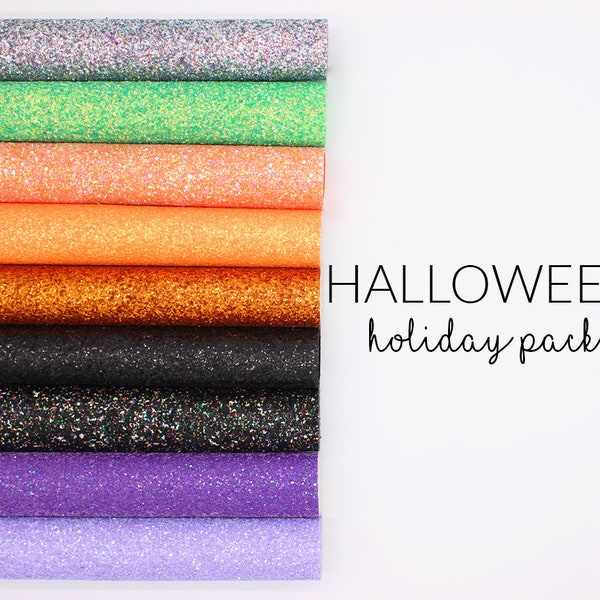 HALLOWEEN Glitter Canvas and Faux Leather Fabric | Halloween Orange Black Spooky Glitter & Faux Leather | Choose Colors