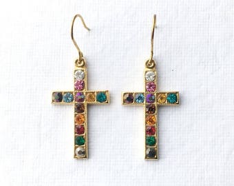 Cristiana - Swarovski Crystal 12 colors cross shape earrings original '80s drop cross earringsDemirouge