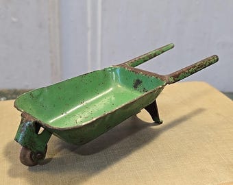 Antique Green Metal Wheelbarrow Wood Wheel Farm Toy Patina Primitive