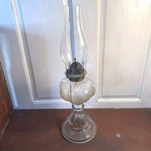 Antique 19th Century 1877 Clear Glass Oil Kerosene Lamp Pedestal & Chimney EAPG