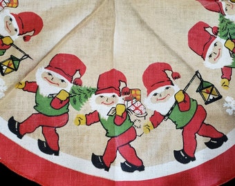 VTG Scandinavian Painted Jute Burlap Christmas Tree Skirt Tablecloth Gnome Elves