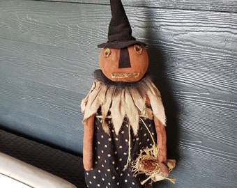 Fabulous Primitive Pumpkin Witch Doll Handmade By Primitively OOAK Signed
