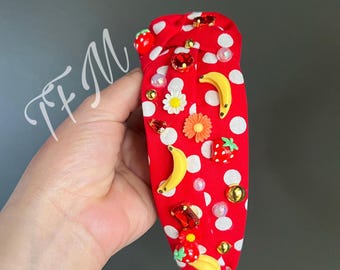 Serre-tête fait main banane à pois, nœud assorti, accessoire pour cheveux cottagecore, perles de coton fraises
