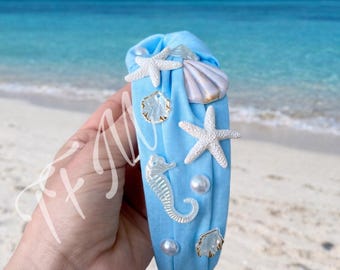 Bandeau sirène fait main, accessoire pour cheveux côtier, coquillages en coton