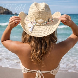 Sombrero de playa estilo vaquero sirena / Sombrero de paja hecho a mano con conchas y perlas