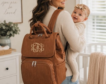 Personalized Vegan Leather Diaper Bag Backpack | Custom Monogram Baby Bag | Large Mommy Backpack | Baby Shower Gift | Hospital Bag