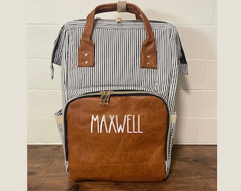 Diaper Backpack in Seersucker with Vegan Leather