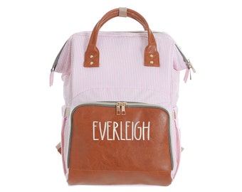 Monogram Diaper Bag Backpack with Vegan Leather and Seersucker