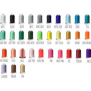 May include: A chart of 30 spools of thread in various colors, including white, black, silver, gray, dark gray, navy, royal blue, light blue, aqua, teal, dark mint, light mint, kelly green, dark green, neon green, yellow, light yellow, gold, orange, neon orange, red orange, peach, coral, light pink, neon pink, pink, bright pink, red, maroon, purple, lavender, brown, and tan.