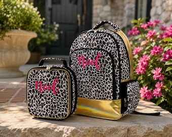 Personalized Leopard Backpack & Lunch Box Set | Custom Name School Backpack | Monogram Girl Back to School Bag | Gold Leopard Lunchbox Set