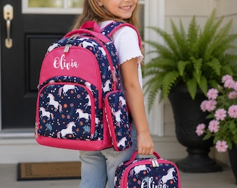 Personalized Unicorn Backpack and Lunch Box Set for Girls | Custom Name School Backpack | Kids Bookbag | Kindergarten & Elementary Backpack