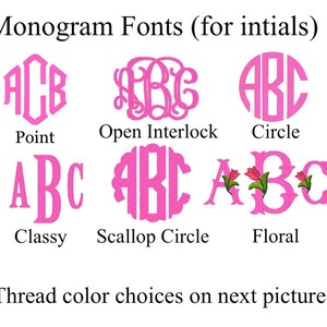 May include: A chart showing 10 different monogram font styles, including Interlock, Point, Open Interlock, Circle, Fishtail, Stacked, Classy, Scallop Circle, Floral, and Mockups are only given upon request. The fonts are shown in pink with the letters ABC.