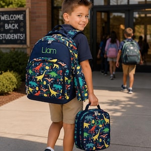 Personalized Dinosaur Backpack and Lunch Box Set for Boys | Kids School Backpack | Custom Name Backpack | Elementary Bookbag | School Bag image 1