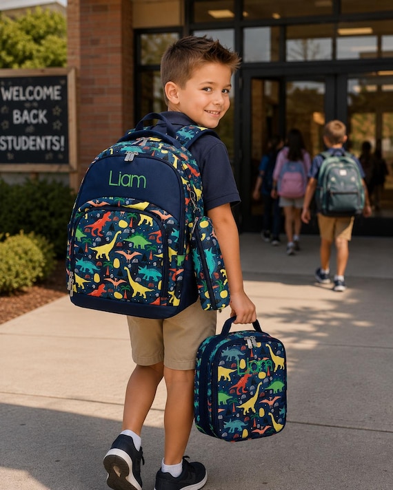Personalized Dinosaur Backpack and Lunch Box Set for Boys | Kids School Backpack | Custom Name Backpack | Elementary Bookbag | School Bag