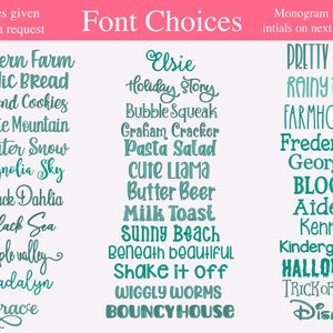 May include: A list of font choices for monograms, with examples of each font style. The fonts are in a teal color and are displayed on a white background. The text "Monogram fonts for initials on next photo ->" is displayed in black text at the top of the image.