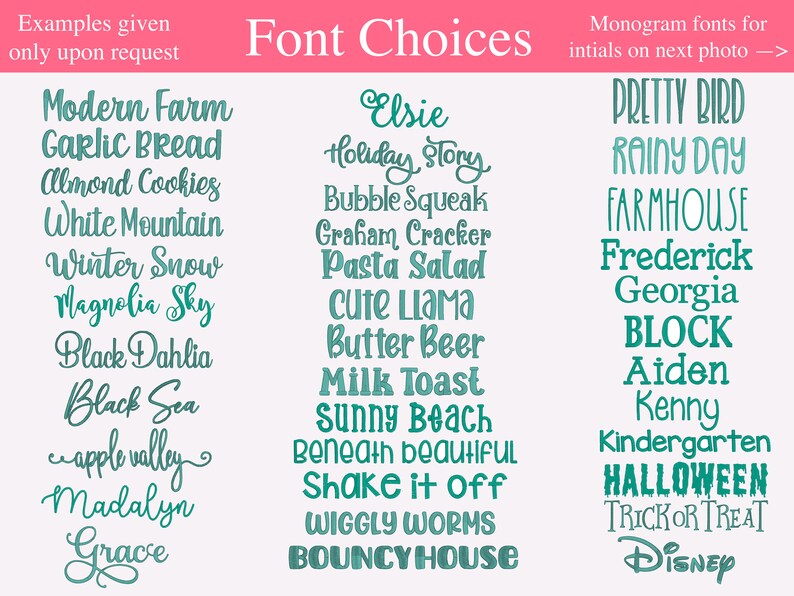May include: A list of font choices for monograms, with examples of each font style. The fonts are in a teal color and are displayed on a white background. The text "Monogram fonts for initials on next photo ->" is displayed in black text at the top of the image.