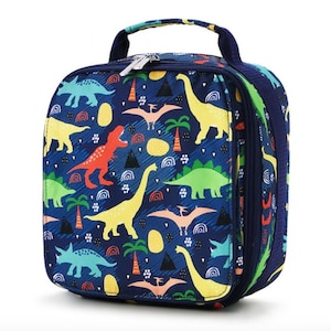 May include: A blue lunch bag with a dinosaur print. The bag has a zipper closure and a top handle.