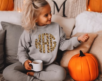 Personalized Girls Monogrammed Sweatshirt | Leopard Print Monogram | Gildan Crewneck | Custom Kids Sweatshirt
