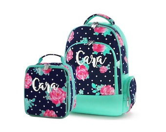 Personalized Girls Backpack | Navy and Mint Floral Pattern | Custom Embroidery | Kids School Bag