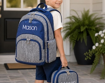 Personalized Kids Backpack and Lunch Box – Navy Gray Polyester