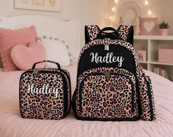 Personalized Backpack and Lunch Box Set in Multicolored Leopard | Custom Name Kids School Backpack | Elementary bag | Back to School Gift