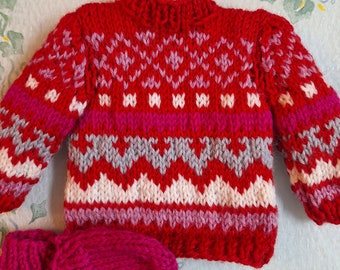 Doll sweater set with lovely Scandinavian style pattern using 100 percent Peruvian Highland wool.