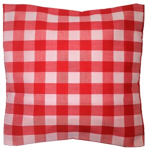 May include: Red and white checkered pillow cover. The pillow cover is made of a soft, cotton fabric and has a square shape.