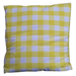 May include: A yellow and white checkered pillow with a soft, plush texture.