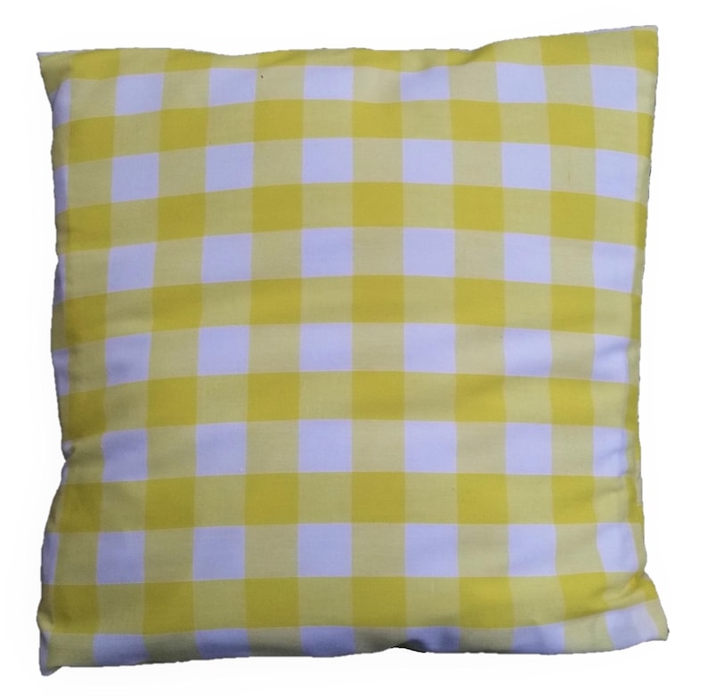 May include: A yellow and white checkered pillow with a soft, plush texture.