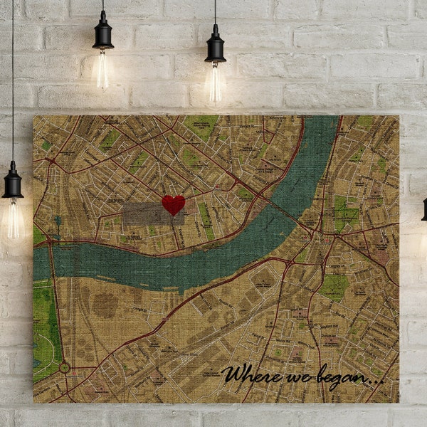 4th/ Linen Anniversary Gift  - Where we met/ Where we began - Personalized Map with Custom Poem/Quote/Message Canvas Print or Printable