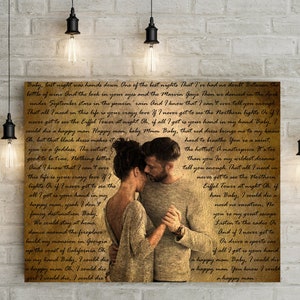 Cadeau 21e/messing huwelijksverjaardag - aangepaste foto en teksten - eerste dans/huwelijkslied op canvas