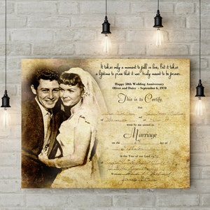 Custom 50th/ Golden Wedding Anniversary Gift- Personalised Message Portrait and Marriage Certificate - Canvas Print