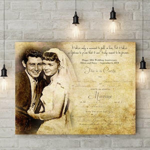 Custom 50th/ Golden Wedding Anniversary Gift- Personalised Message Portrait and Marriage Certificate - Canvas Print