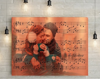 7th Copper Wedding Anniversary Gift Custom Music Sheet with Portrait - Printed on Canvas