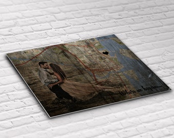 10th Anniversary Gift - Custom Portrait  Where We Met Map – Where We Began Art - Tin Effect Background - Printed on Aluminium Metal