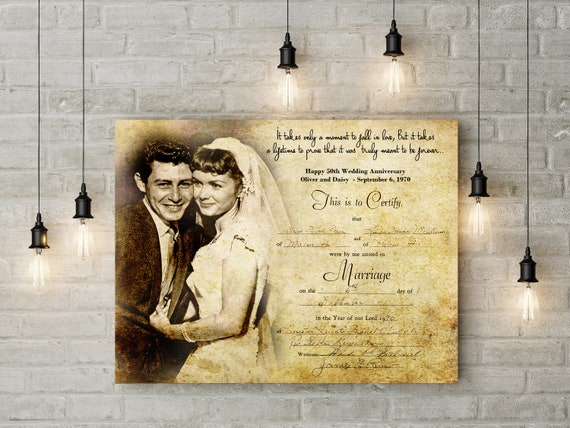 Regalo personalizado del 50.º aniversario de bodas de oro Retrato de  mensaje personalizado y certificado de matrimonio Lienzo -  México