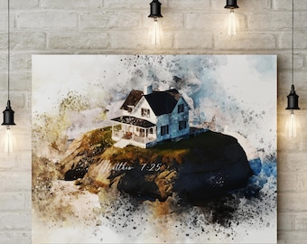 Matthew 7:24 Scripture Canvas Art | Christian Home Decor | Built on the rock verse print