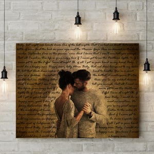 Cadeau 21e/messing huwelijksverjaardag - aangepaste foto en tekst op canvas