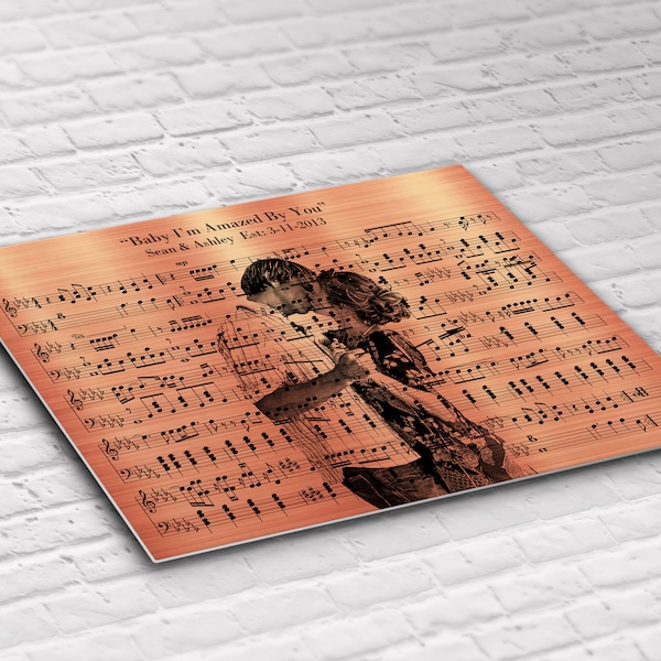 7th Anniversary Gift - Custom Music Sheet and Custom Portrait – Perfect Copper Anniversary gift - Printed on Aluminium Metal