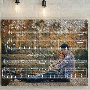 Steel Anniversary Custom Music Sheet with Portrait 11th Wedding Anniversary Gift, First Dance/ Wedding Song Music Notes on Canvas image 1