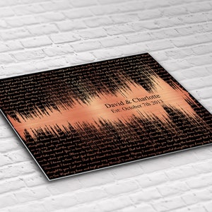 Cadeau 7e verjaardag – Aangepaste soundwavekunst op metaal – Eerste dans-/bruiloftslied Soundwave en songteksten kopereffect op aluminiummetaal