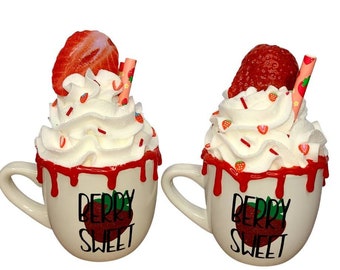 Strawberry Mini Mug,  Tiered Tray Decor, Faux Whipped Cream Topper, Fake Whip