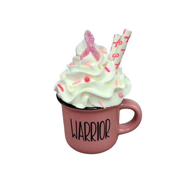 Warrior Mini Mug, Pink Camper Mini Mug with Topper, Breast Cancer Warrior, Breast Cancer Survivor Mini Mug, Pink Ribbon Tiered Tray Decor