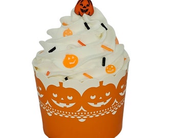 Cupcake falso de Jack-O-Lantern para Halloween, decoración de bandeja escalonada