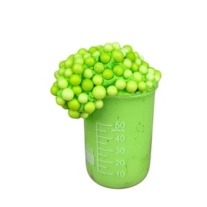 May include: A green beaker filled with green slime and topped with green foam balls. The beaker has white measurement markings and reads up to 50 ml. The slime and foam balls are various shades of green.