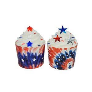 2 Patriotic Fake Cupcakes, Patriotic Tie Dye Cupcake, Patriotic Cupcake, 4th of July Decor, Patriotic Fake Food, Faux Food, Faux Dessert